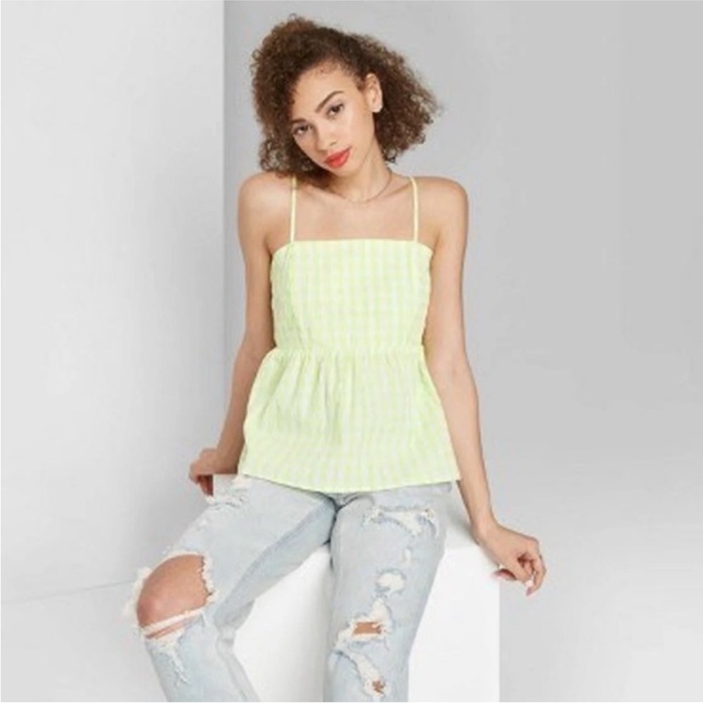 Wild Fable Sleeveless Lime Green and White Gingham Plaid Peplum Top